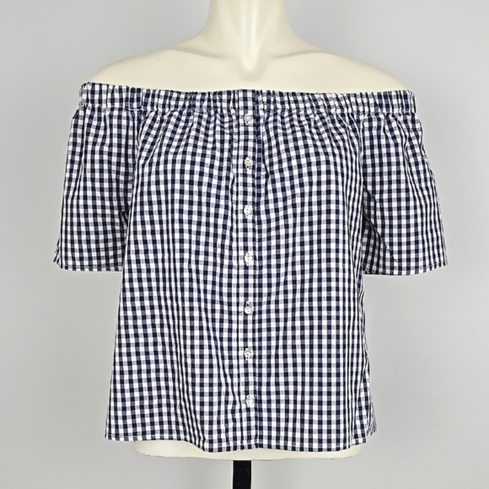 Reitmans Women's Navy White Gingham Mini Checkered Off Shoulder Cotton Top M - Picture 2 of 11